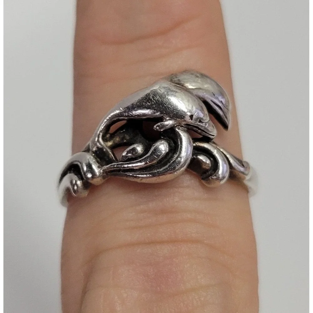 Vtg 925 Sterling Silver Double Dolphin Bypass Ring Size 7.25 Nautical Ring 3.3g